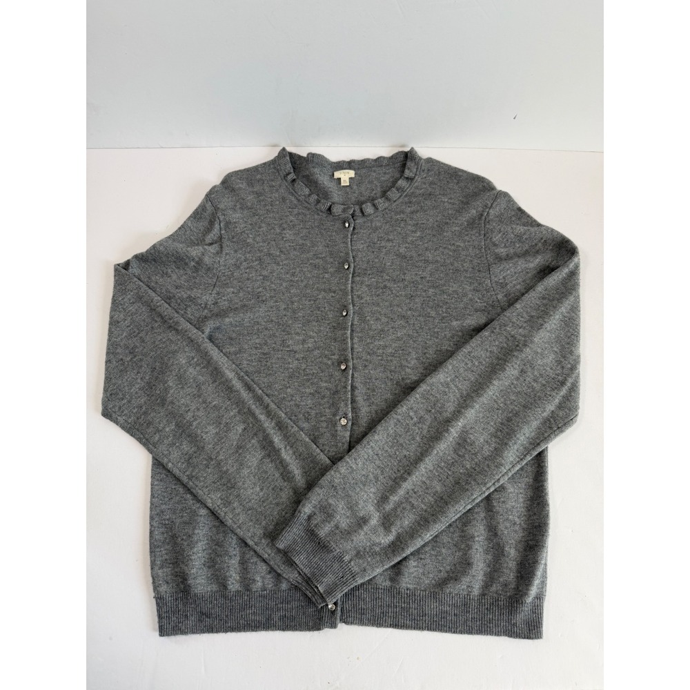 J.Crew XL Gray Wool Cashmere Blend Cardigan Ruffle Neck Crystal Buttons Sweater